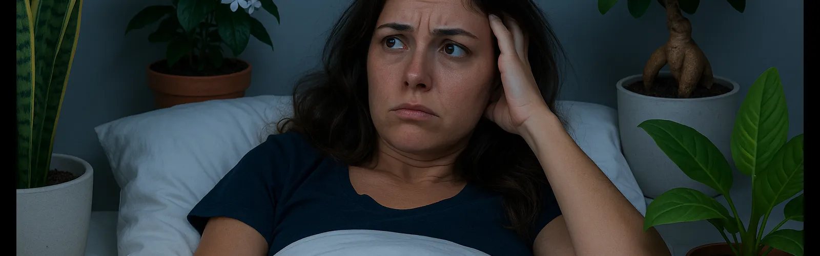 Femme ayant du mal à dormir, entourée de plantes d’intérieur