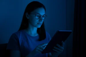 Femme utilisant une tablette dans une pièce sombre, éclairée par la lumière bleue de l’écran