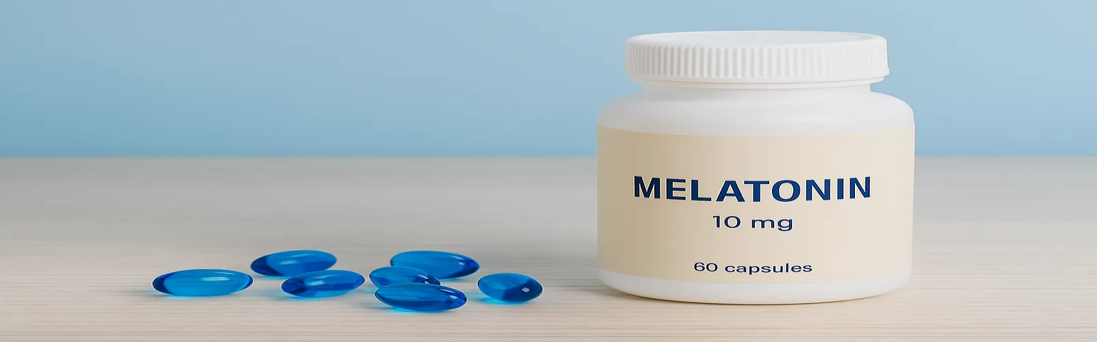 Flacon de mélatonine et capsules bleues posé sur une surface en bois clair, sur fond bleu pâle