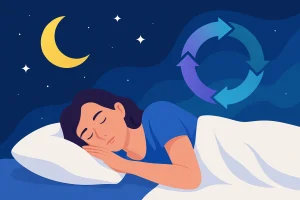 Illustration d’une femme dormant paisiblement avec une représentation symbolique des différentes phases du sommeil