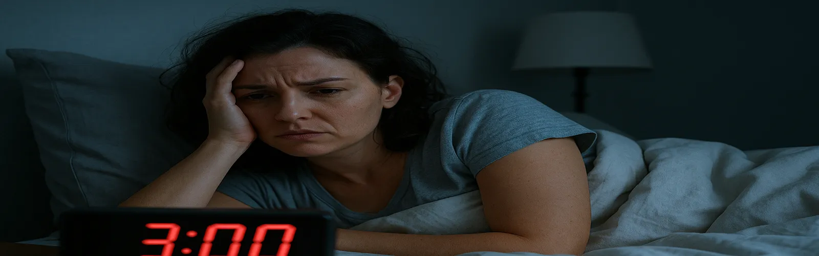 Femme réveillée à 3h du matin regardant son réveil avec inquiétude dans une chambre sombre