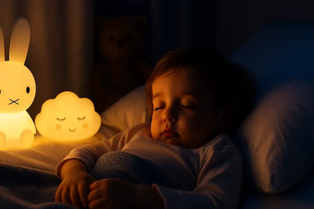 Photographie d’un jeune enfant endormi dans son lit, éclairé doucement par deux veilleuses rassurantes en forme de lapin et de nuage, créant une ambiance apaisante pour la nuit.