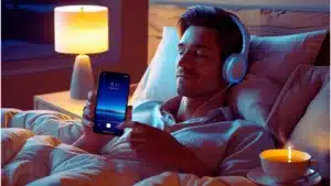 Personne détendue le soir, allongée dans un lit ou sur un canapé, écoutant une application de relaxation sur smartphone dans une ambiance tamisée