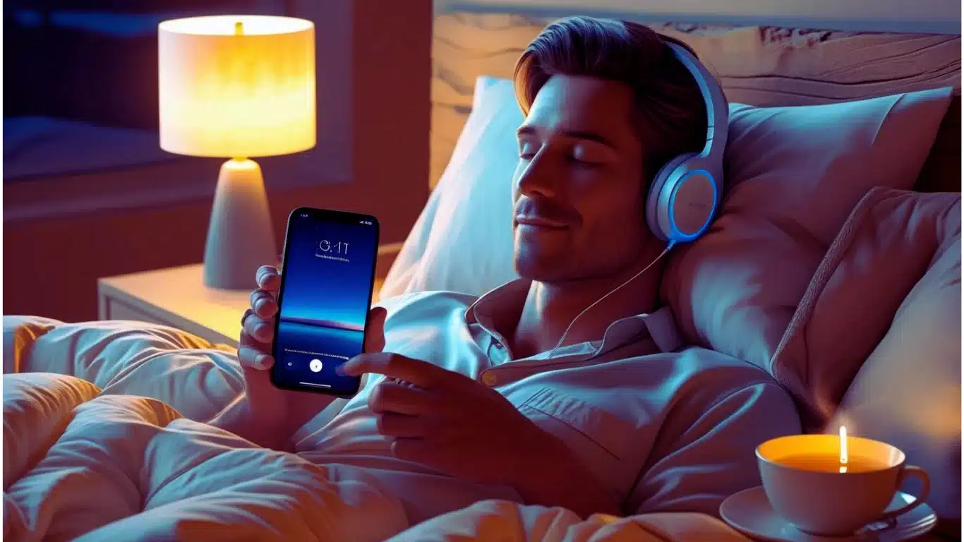 Personne détendue le soir, allongée dans un lit ou sur un canapé, écoutant une application de relaxation sur smartphone dans une ambiance tamisée