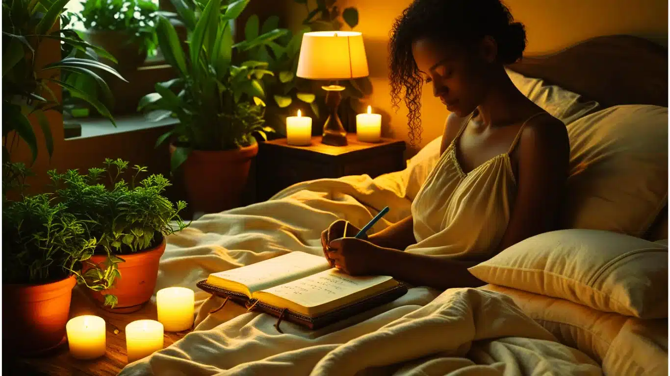 Personne en train d’écrire dans un carnet dans une chambre tamisée, ambiance calme avec lumière douce, tasse de tisane et atmosphère propice au sommeil