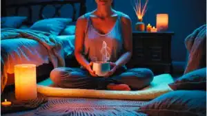 Personne détendue dans une chambre tamisée, assise sur un tapis ou un lit, entourée de lumière douce et d’éléments naturels propices à la relaxation